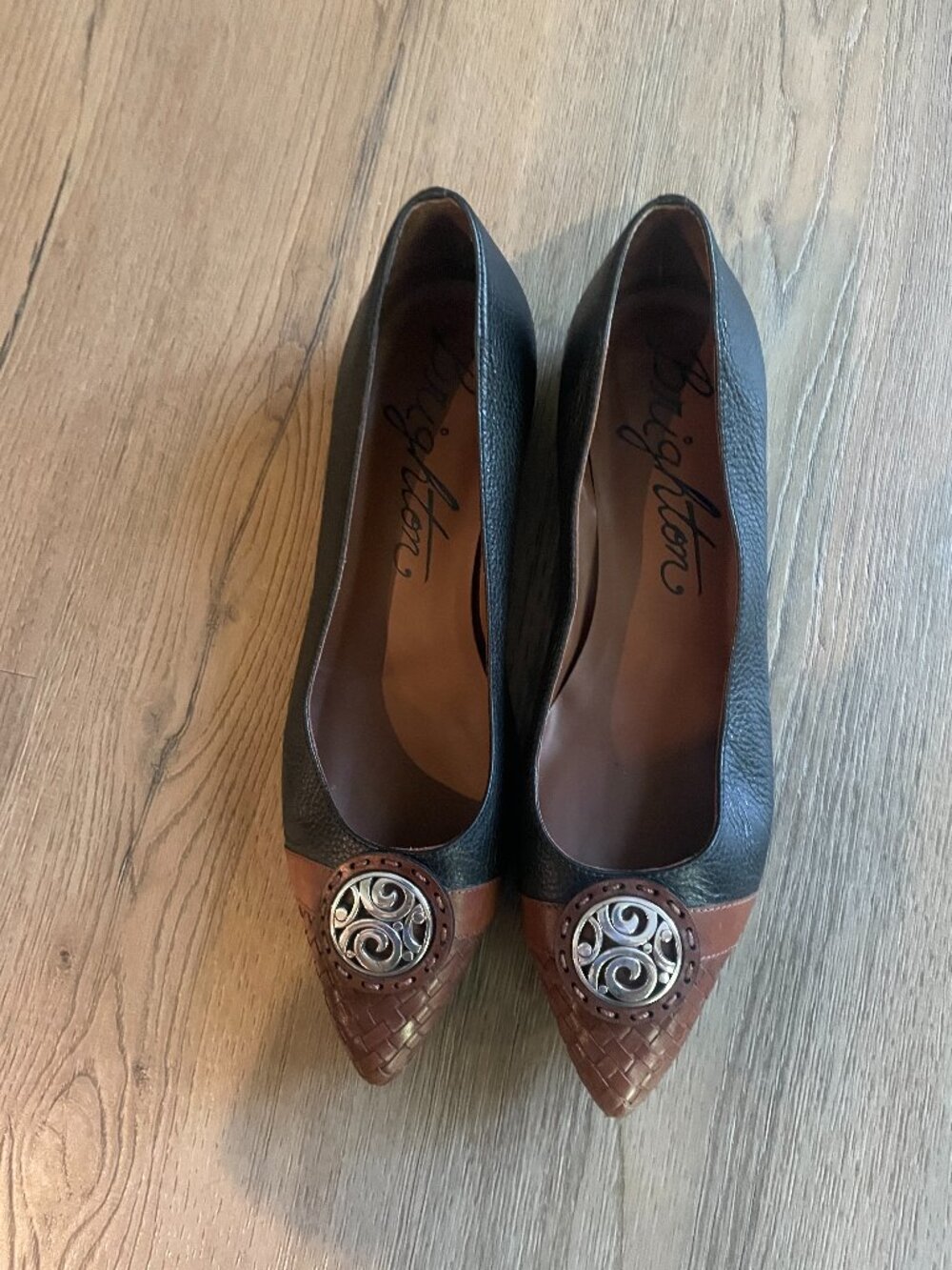 Brighton Ebony 8M Women’s Black & Brown Leather Flats with Woven Toe & Silver